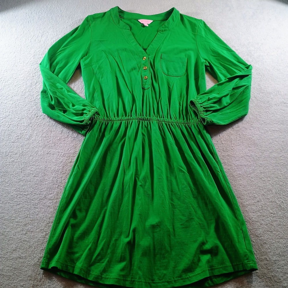 Lilly Pulitzer Women Green Jersey Knit Button Dress M Long Sleeve Elastic Waist